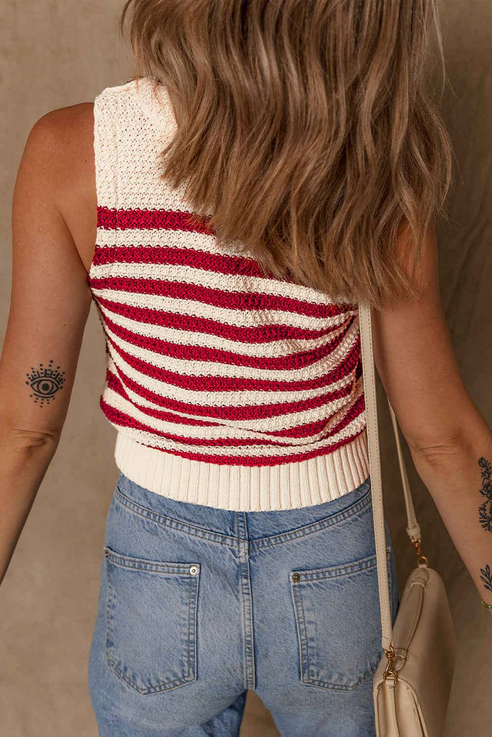 Red Stripe Textured Knit Ribbed Hem Sweater Tank Top