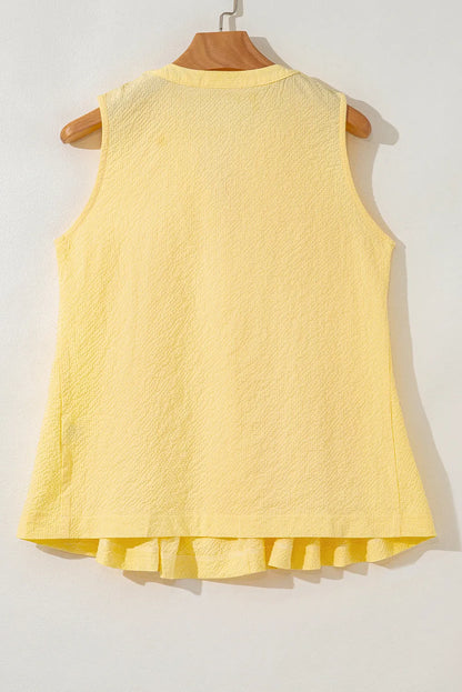 Yellow Cream Bow Tie Notched Neck Pleated Tank Top