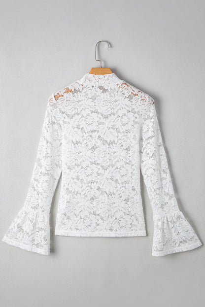 White Lace Crochet Bell Sleeve Mock Neck Blouse