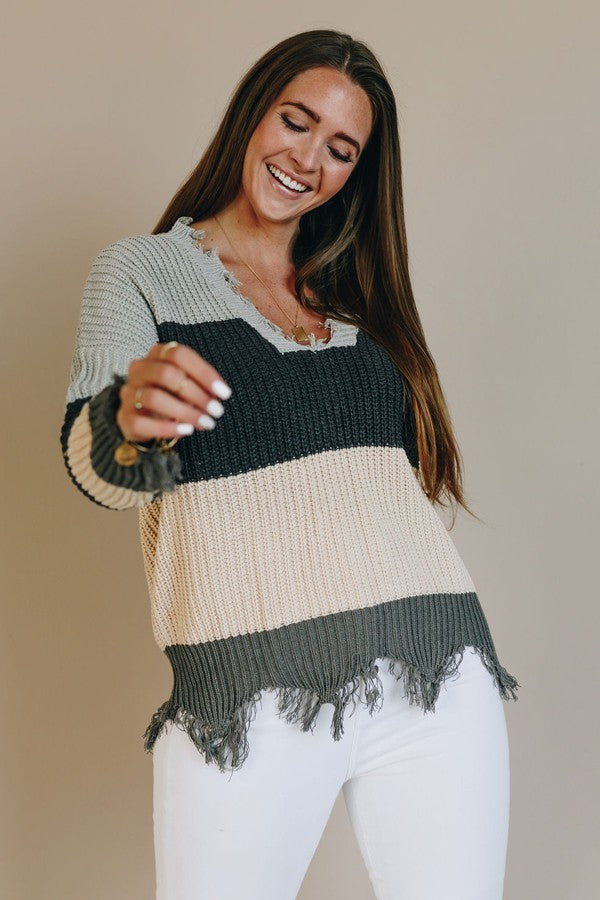 STRIPED DISTRESSED SWEATER