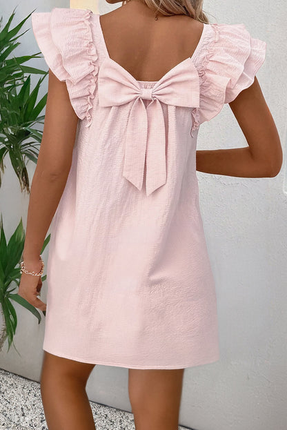 Textured Flutter Sleeve Square Neck Bow Back Mini Dress