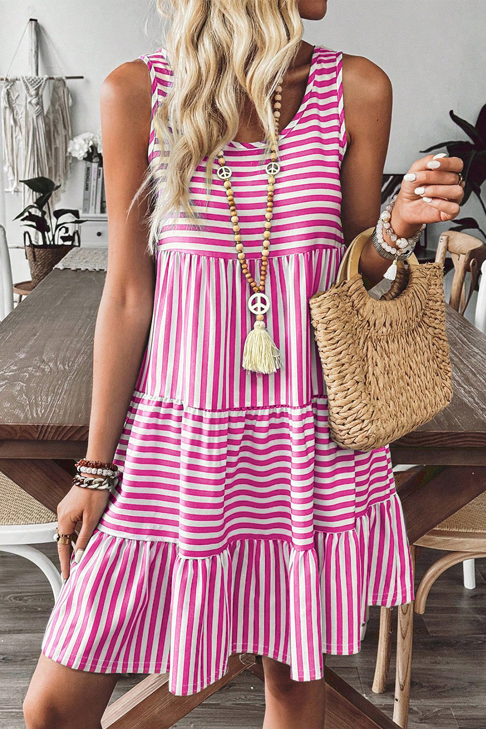 Stripe U Neck Sleeveless Loose Fit Mini Dress