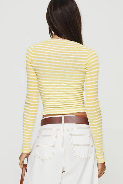 Striped Square Neck Long Sleeve Cropped Top